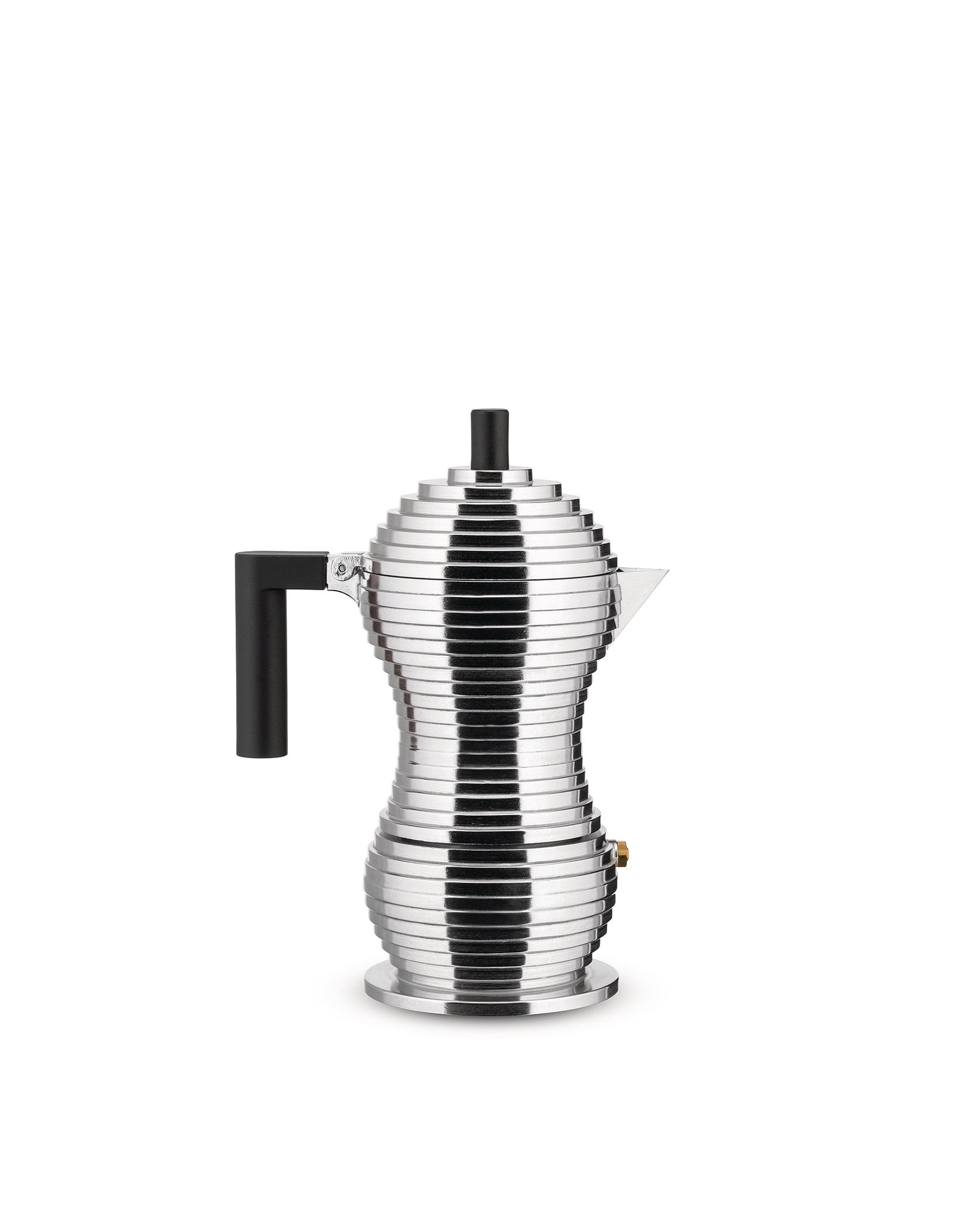 Alessi Pulcina black 3-cup espresso coffee maker with sleek design and ergonomic handle, ideal for brewing rich espresso.