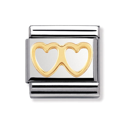 Sterling silver Nomination Love Double Heart charm bracelet link with engraved hearts for jewelry lovers.