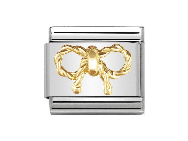 Gold Nomination Symbol Elegance Bow charm with intricate design, perfect for adding a touch of sophistication to jewelry.