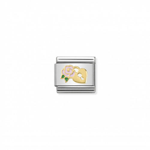 Nomination Symbol Pink Rose charm with a padlock, featuring a detailed pink rose design and silver-tone finish.