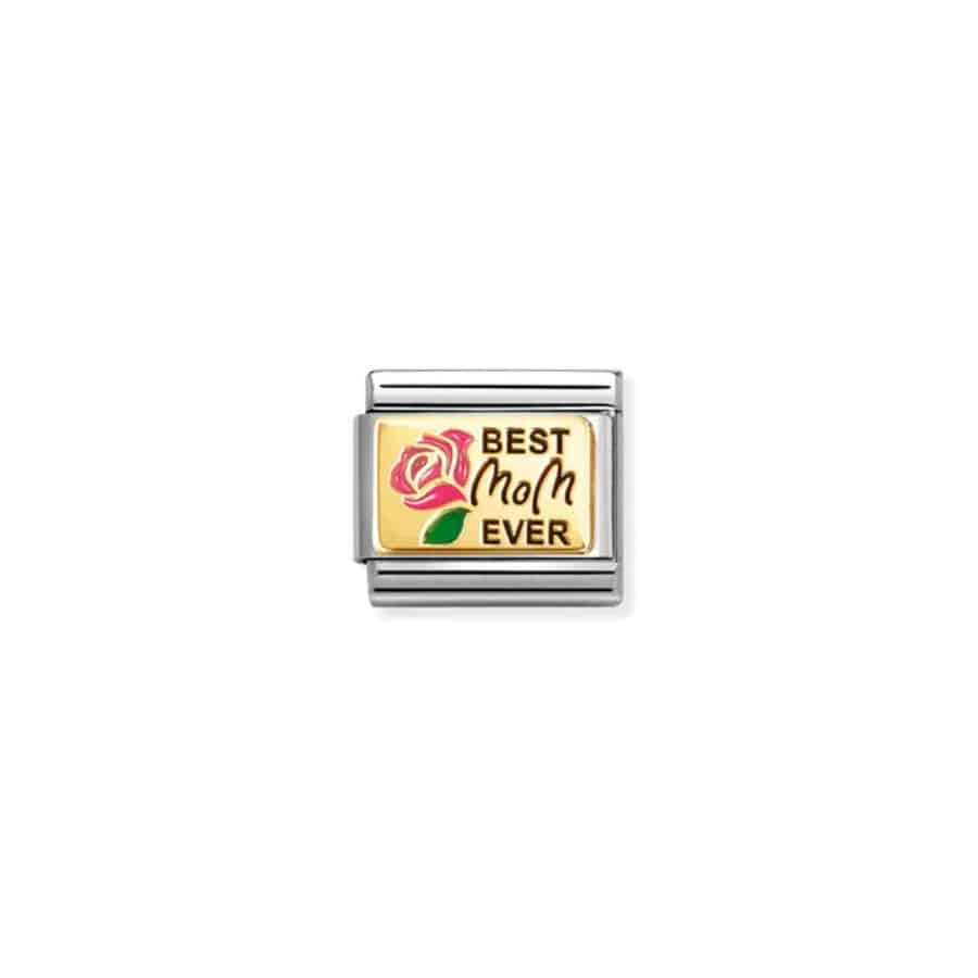 Nomination Composable Best Mom Ever plates in yellow gold with engraved lettering, featuring elegant design elements.