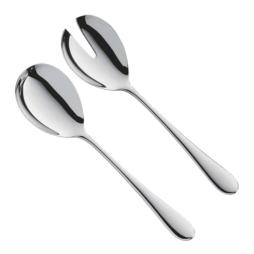 WMF Merit salad server set with stainless steel forks and spoons, featuring a polished finish and ergonomic handles.
