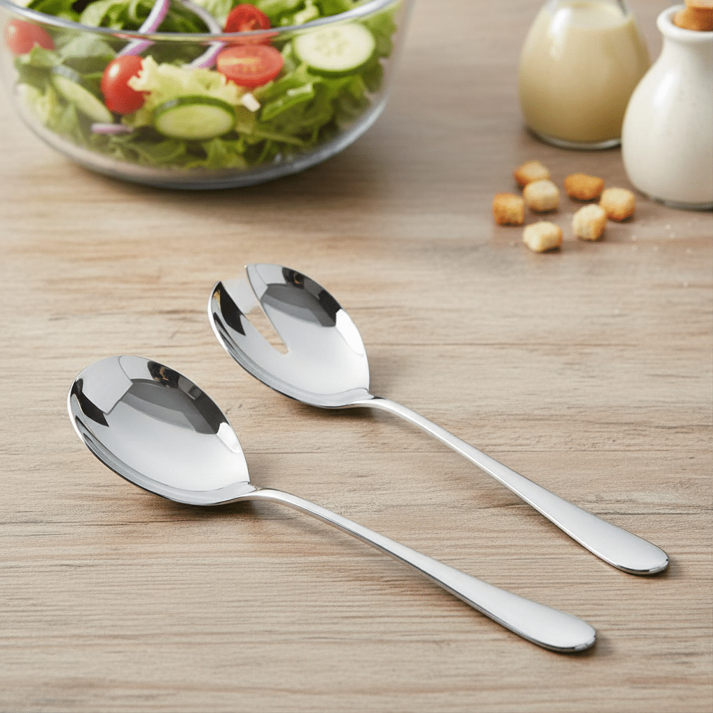WMF Merit salad server set with stainless steel forks and spoons, designed for serving salads in a stylish, durable design.