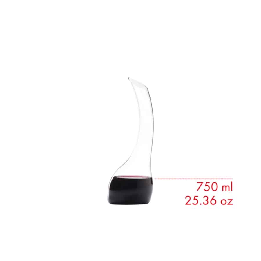 Riedel Cornetto clear glass decanter with elegant curved design and a wide opening for wine aeration.