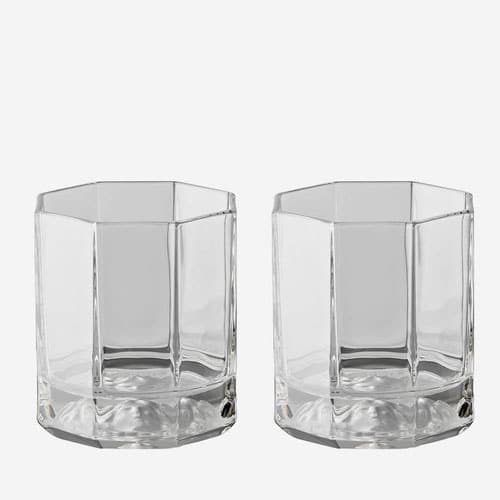 Pair of 9cm Versace Medusa Lumiere crystal tumblers with intricate design and clear, sparkling glass.