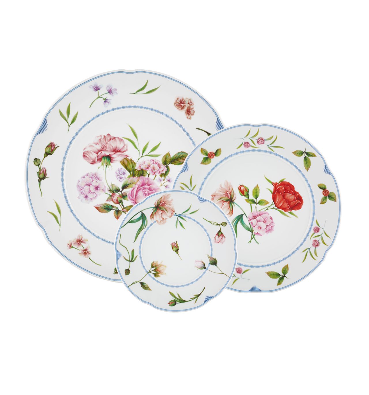 Set of three Atlantis Vista Alegre Bridgerton dinner, charger, and dessert plates with elegant floral patterns.