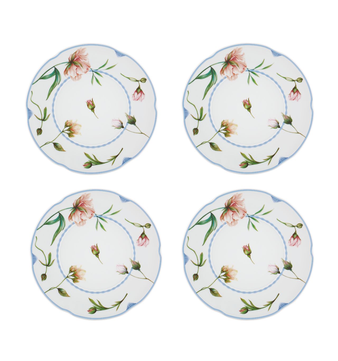 Set of four Atlantis Vista Alegre Bridgerton dessert plates with elegant floral and gold accents, perfect for elegant table settings.