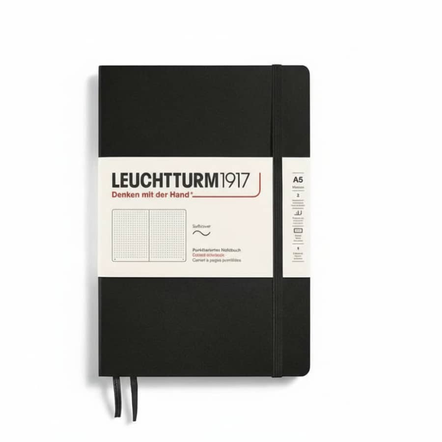 Leuchtturm1917 medium A5 softcover dotted notebook with 123 numbered pages, ideal for journaling and note-taking.