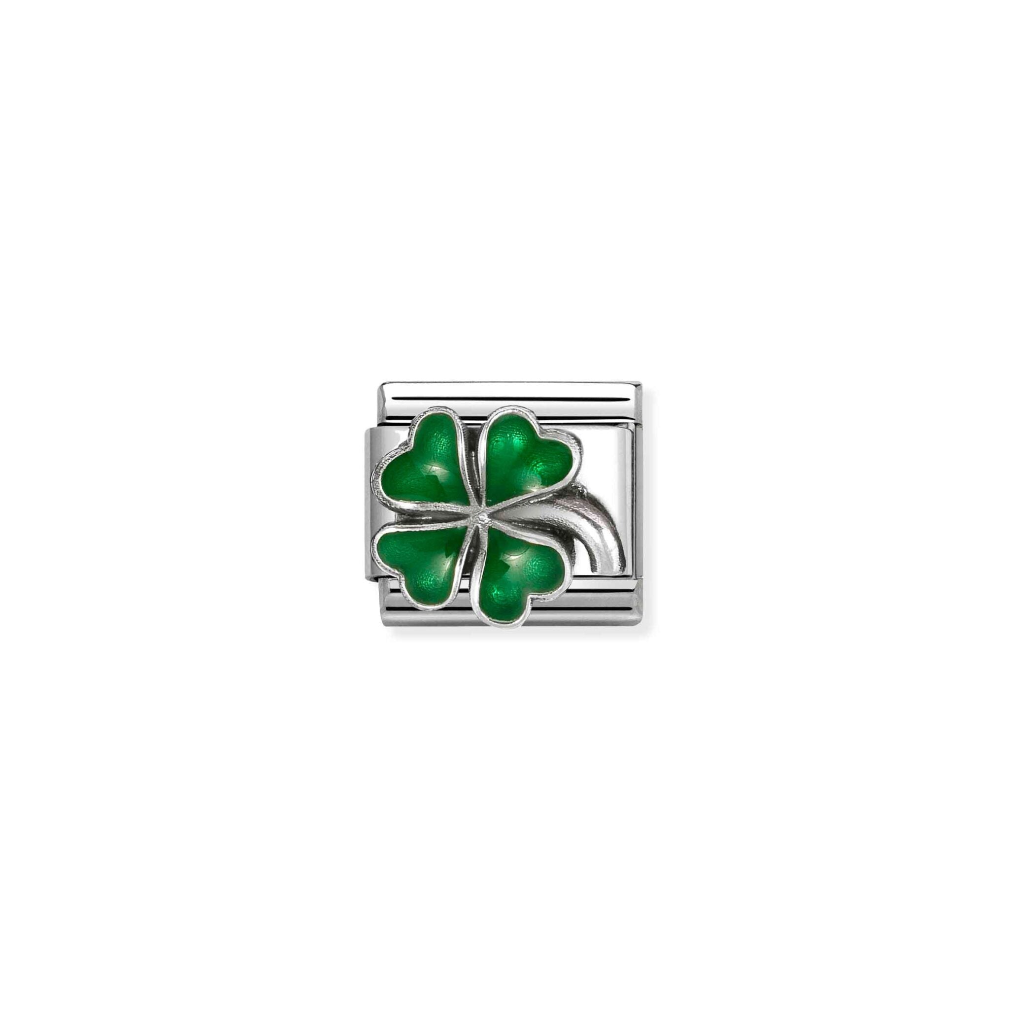 Nomination Nom Composable Green Clover charm in 925 sterling silver, 4L size with detailed leaf design.
