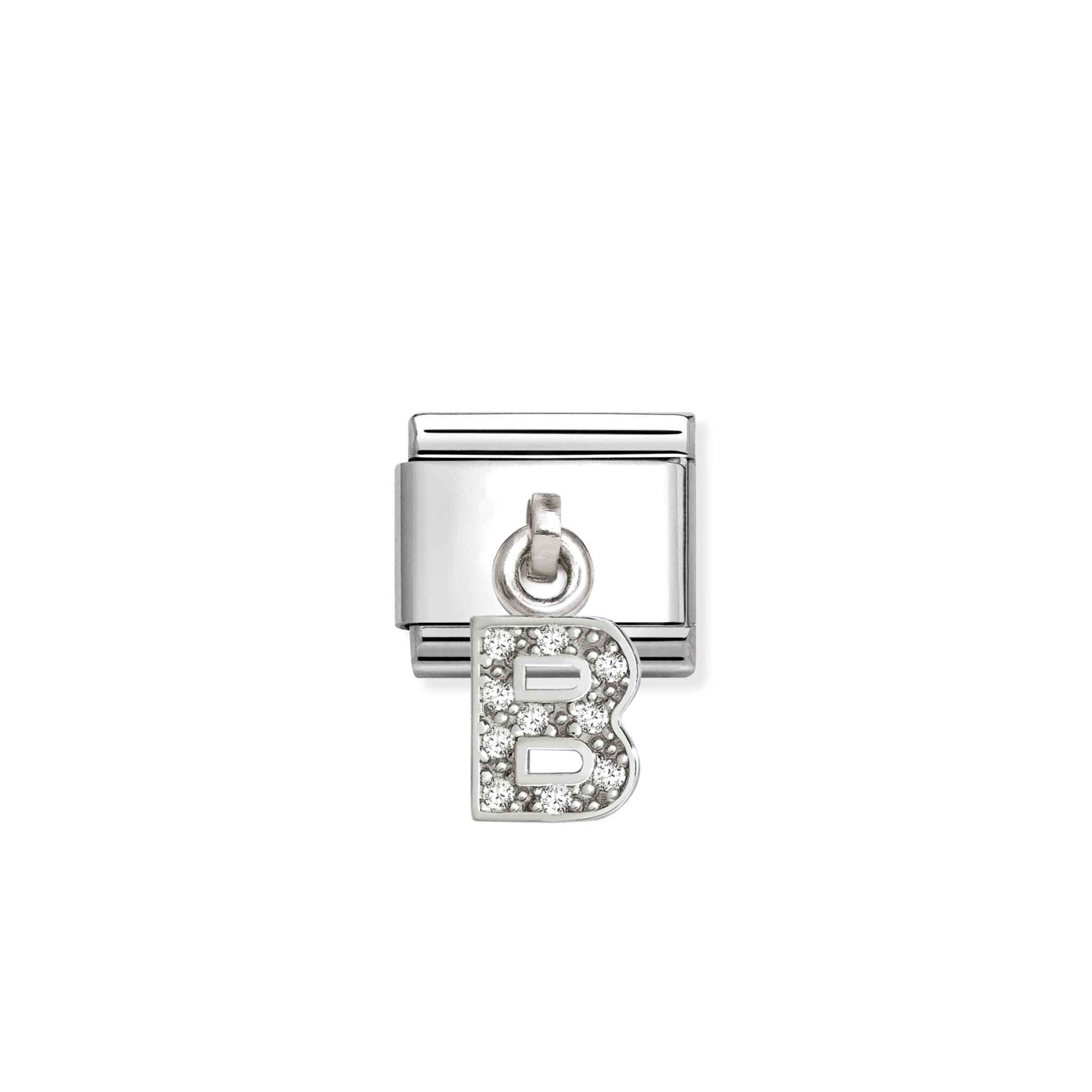 Sparkling Nomination Composable Hanging Link with letter B charm, featuring shiny, decorative design for jewelry accessories.