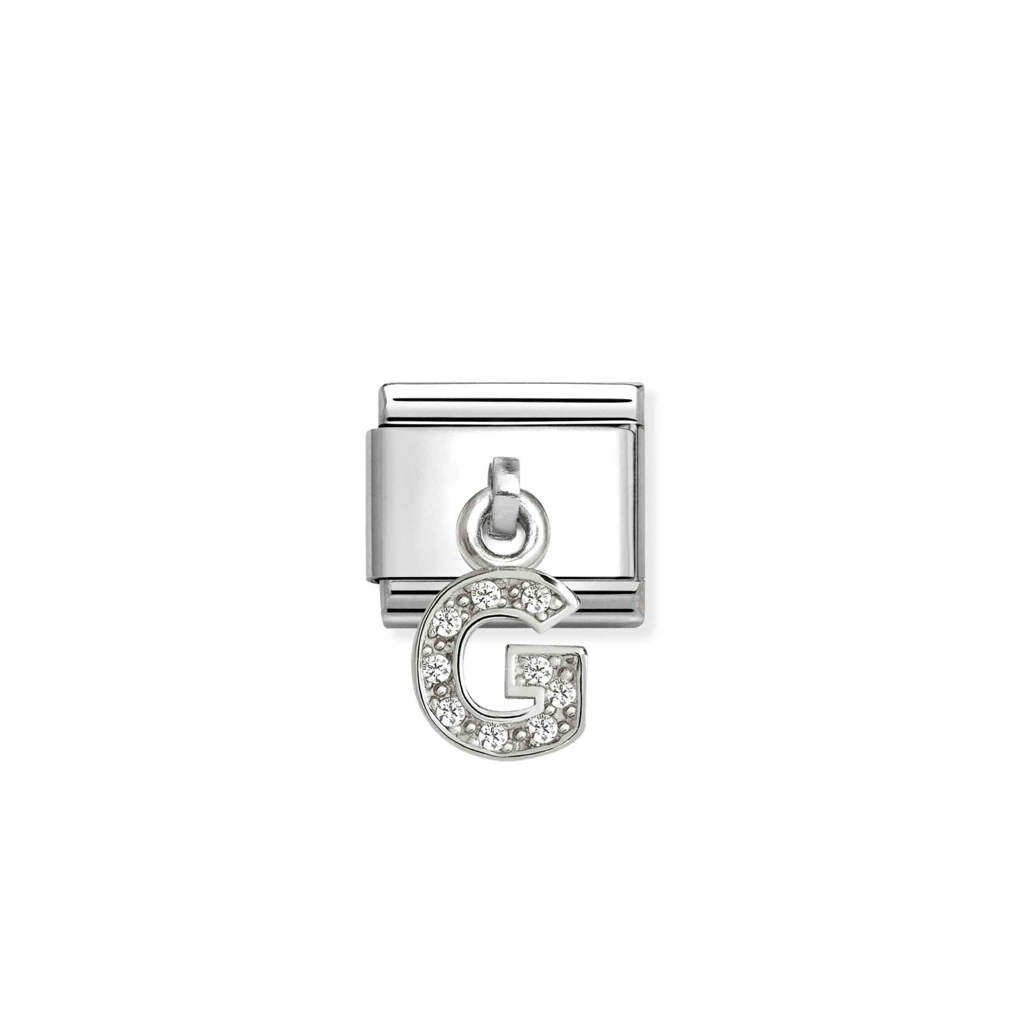 Nomination Composable Hanging Link with sparkling letter G charm, silver-tone jewelry accessory, close-up of detailed design.