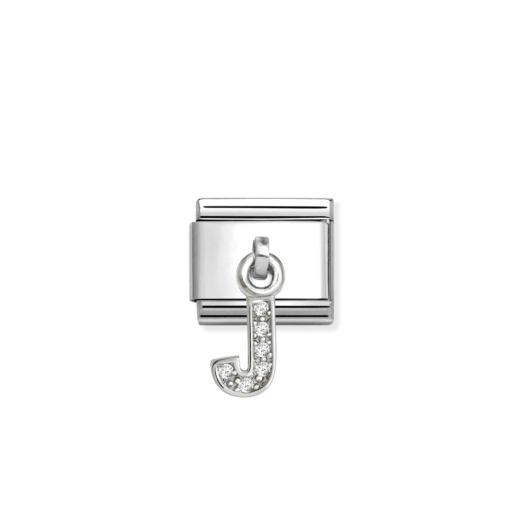 Nomination Composable Hanging Link with sparkling letter J, silver-tone jewelry charm for personalized jewelry designs.