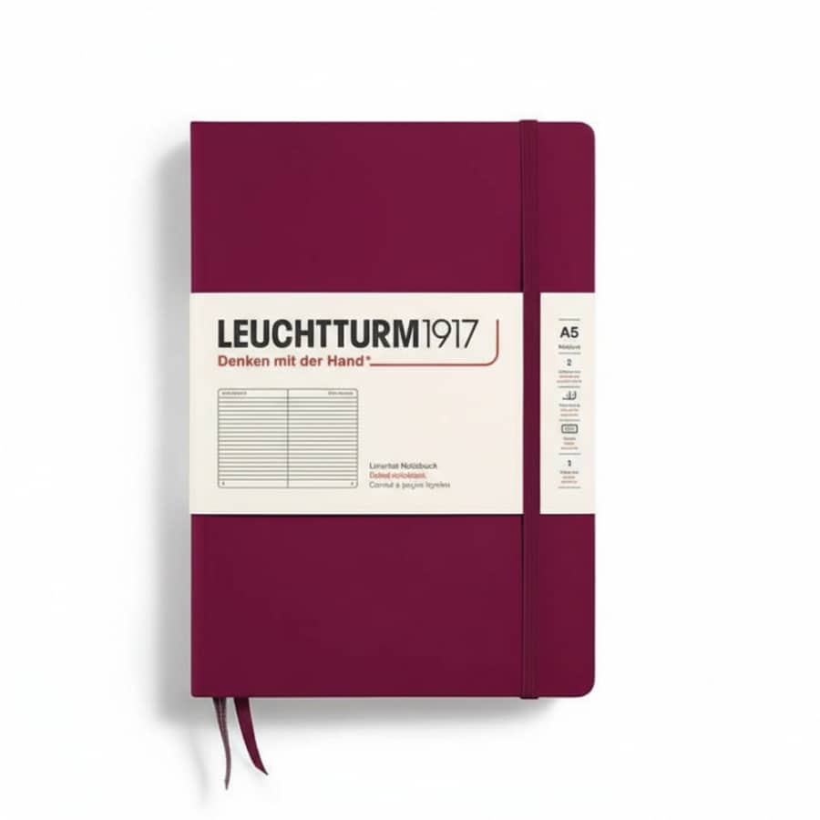 Leuchtturm1917 medium hardcover notebook with ruled pages and 251 numbered sheets, ideal for journaling or note-taking.