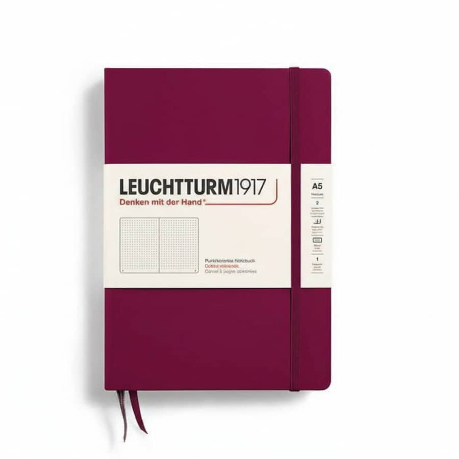 Leuchtturm1917 medium hardcover dotted notebook with 251 numbered pages, ideal for note-taking and journaling.