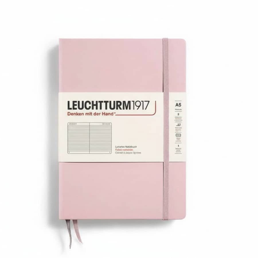Leuchtturm1917 Medium hardcover notebook with ruled pages, 251 numbered sheets, ideal for journaling or note-taking.