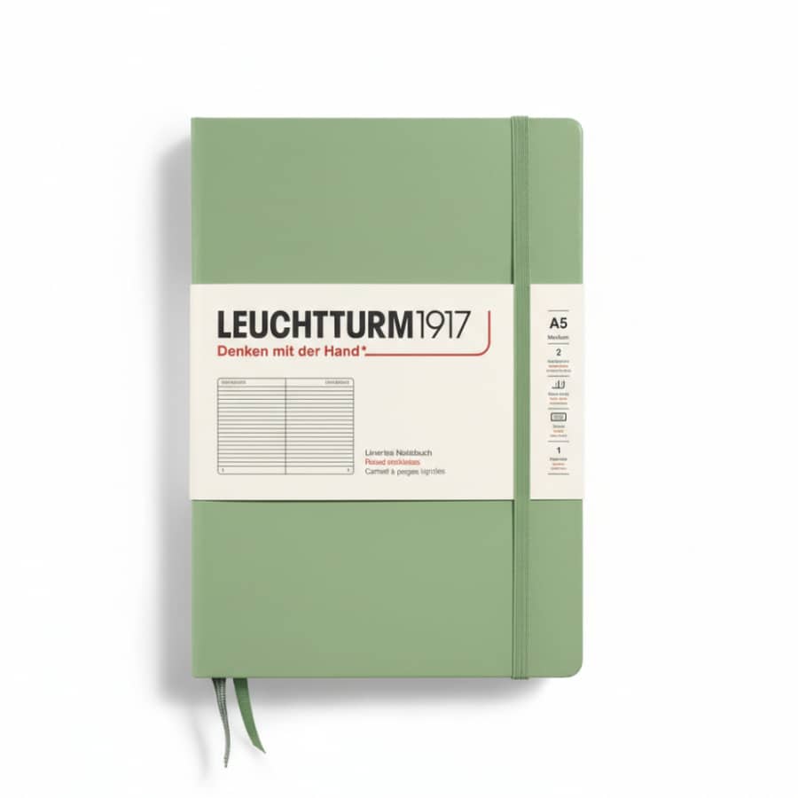 Leuchtturm1917 medium hardcover notebook with ruled pages and numbered sheets, ideal for journaling or note-taking.