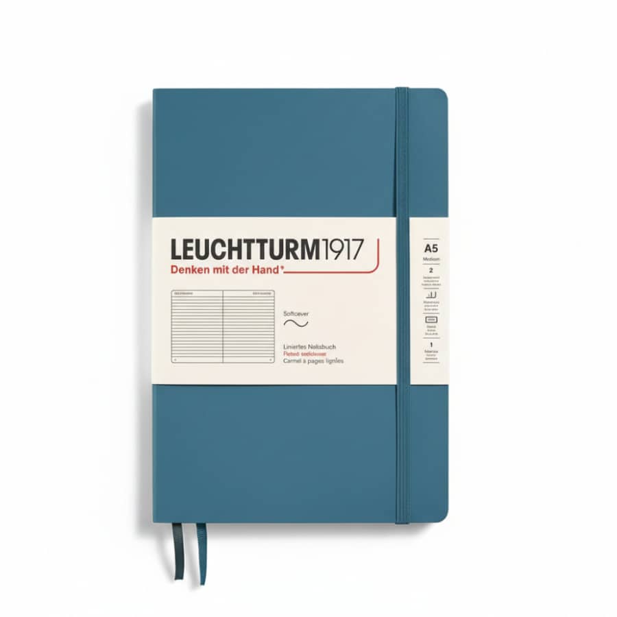 Leuchtturm1917 Medium A5 softcover notebook with 123 ruled, numbered pages, ideal for note-taking and journaling.