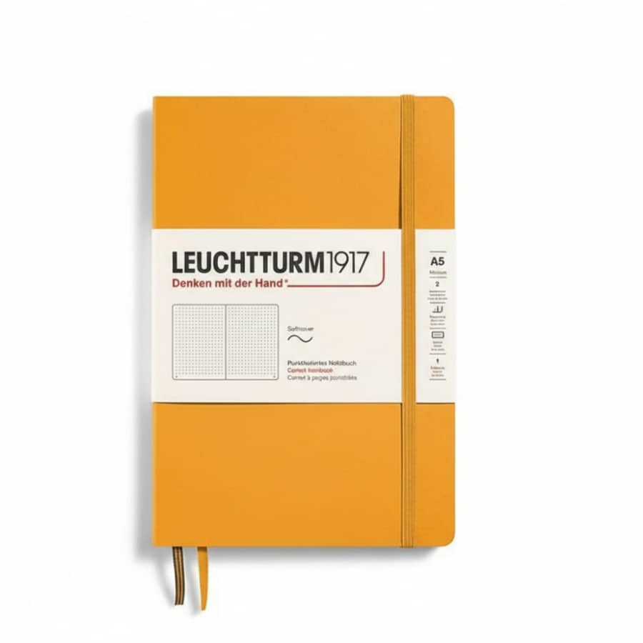 Leuchtturm1917 medium A5 dotted softcover notebook with 123 numbered pages, ideal for writing and organizing notes.