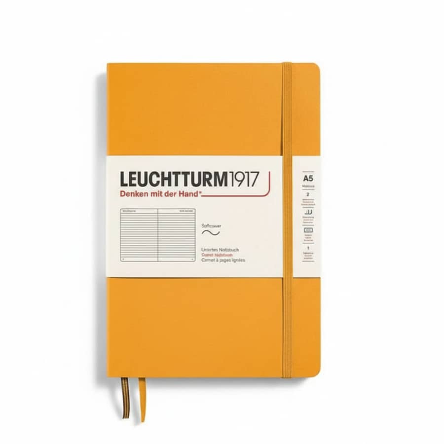 Leuchtturm1917 medium A5 softcover notebook with 123 ruled numbered pages, ideal for writing and note-taking.
