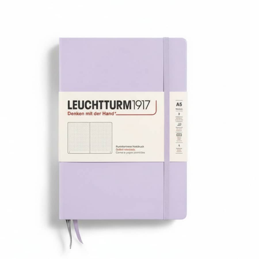 Leuchtturm1917 Medium hardcover notebook with ruled pages, A5 size, 251 numbered sheets, suitable for writing and journaling.