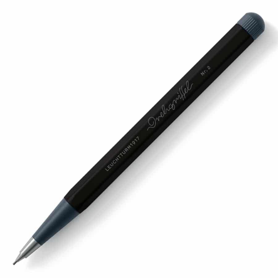 Leuchtturm1917 mechanical pencil with Nr. 2 lead, sleek black body and silver clip, designed for writing and drawing.