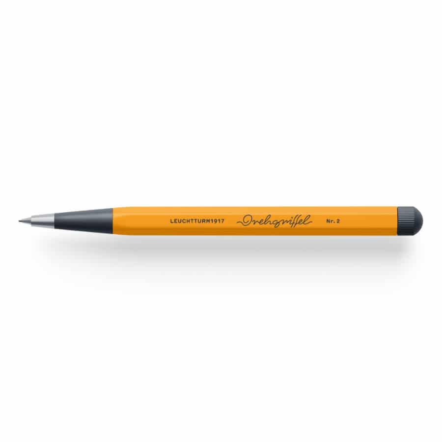 Leuchtturm1917 mechanical pencil with Nr. 2 lead, sleek black body and silver accents, placed on a white background.