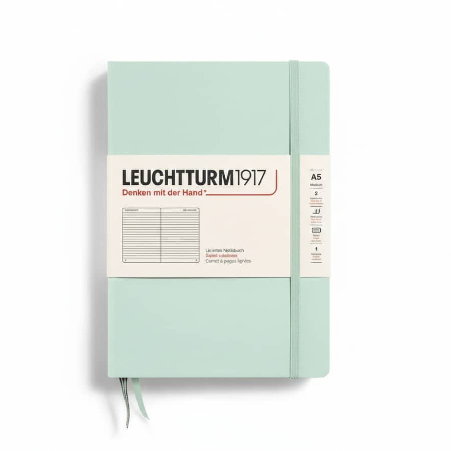 Leuchtturm1917 medium hardcover notebook with 251 numbered ruled pages, A5 size, suitable for journaling or note-taking.