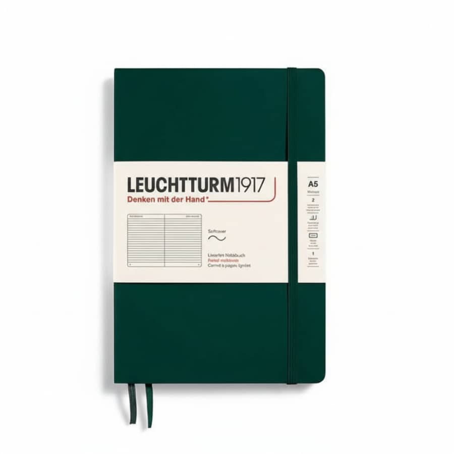 Leuchtturm1917 medium A5 softcover notebook with 123 ruled pages, ideal for journaling or note-taking.