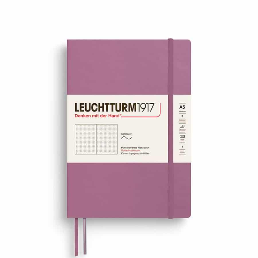 Leuchtturm1917 medium A5 dotted softcover notebook with 123 numbered pages, ideal for note-taking and journaling.