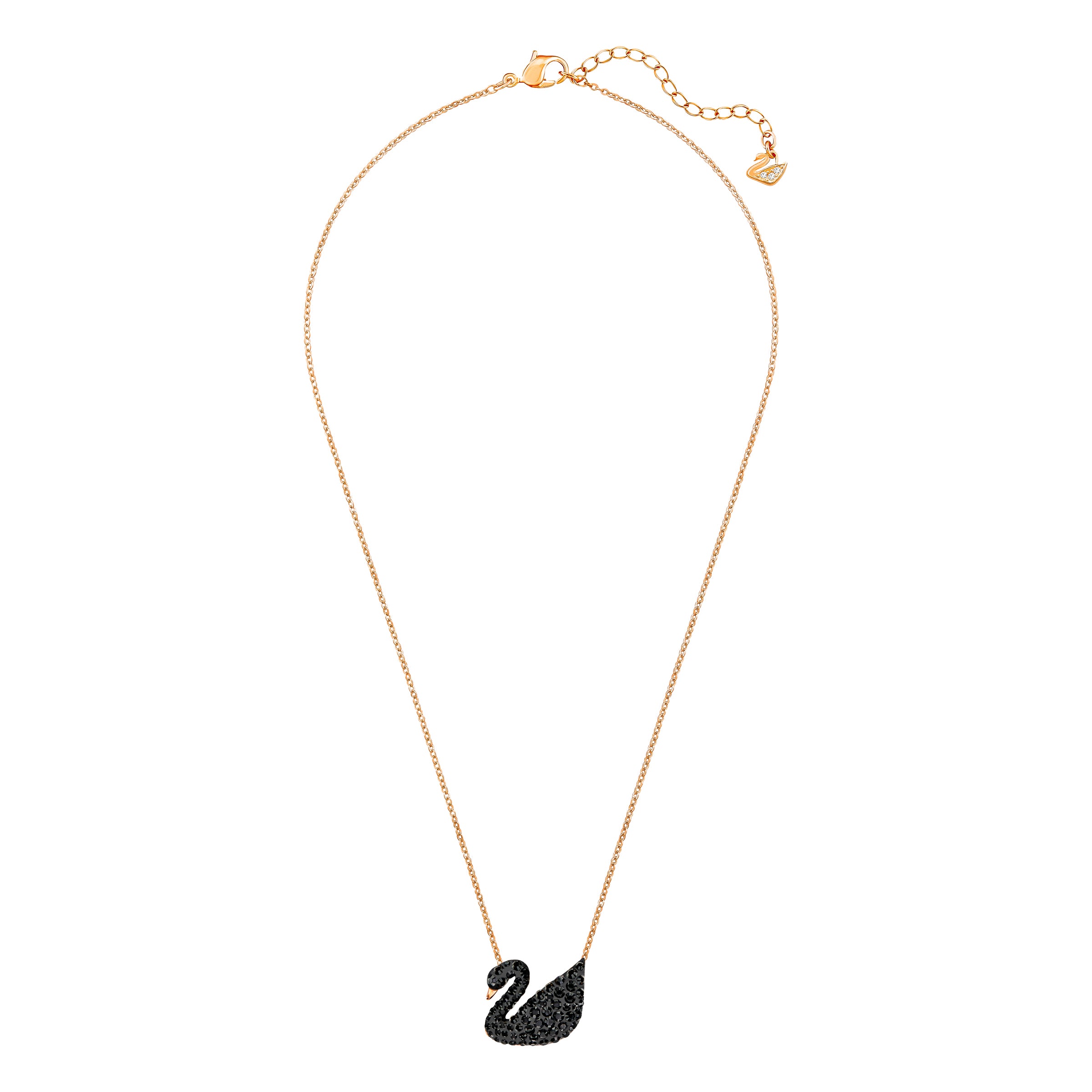 Swarovski Iconic Swan pendant in black with rose-gold tone plating, featuring a detailed swan design on a chain.