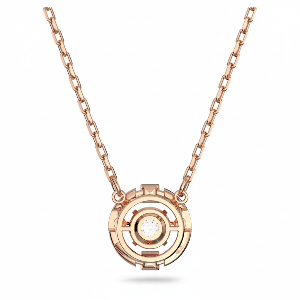 Swarovski Una necklace with round-cut white crystal pendant on rose gold-tone plated chain, elegant jewelry accessory