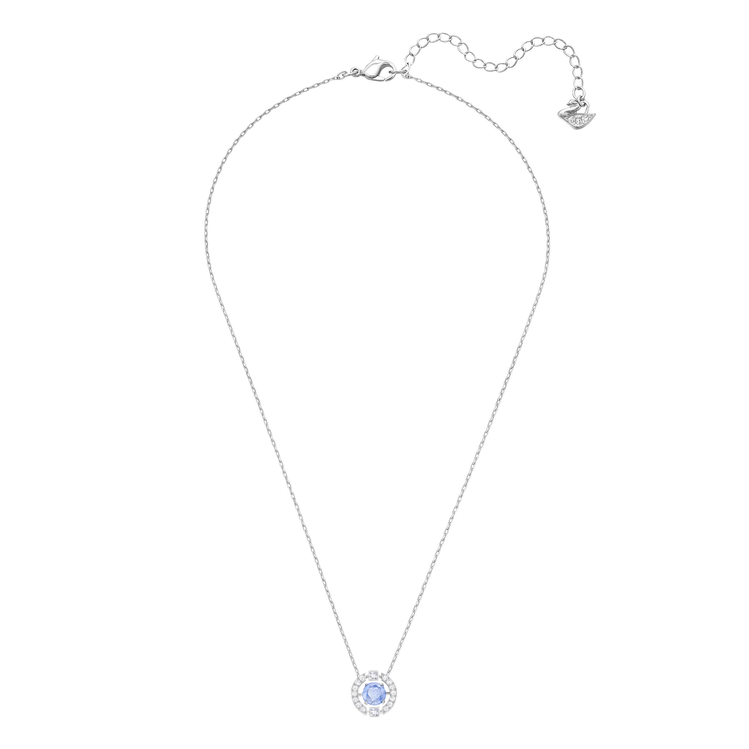 Swarovski Una necklace with round-cut blue crystal and rhodium plating, featuring elegant jewelry design.