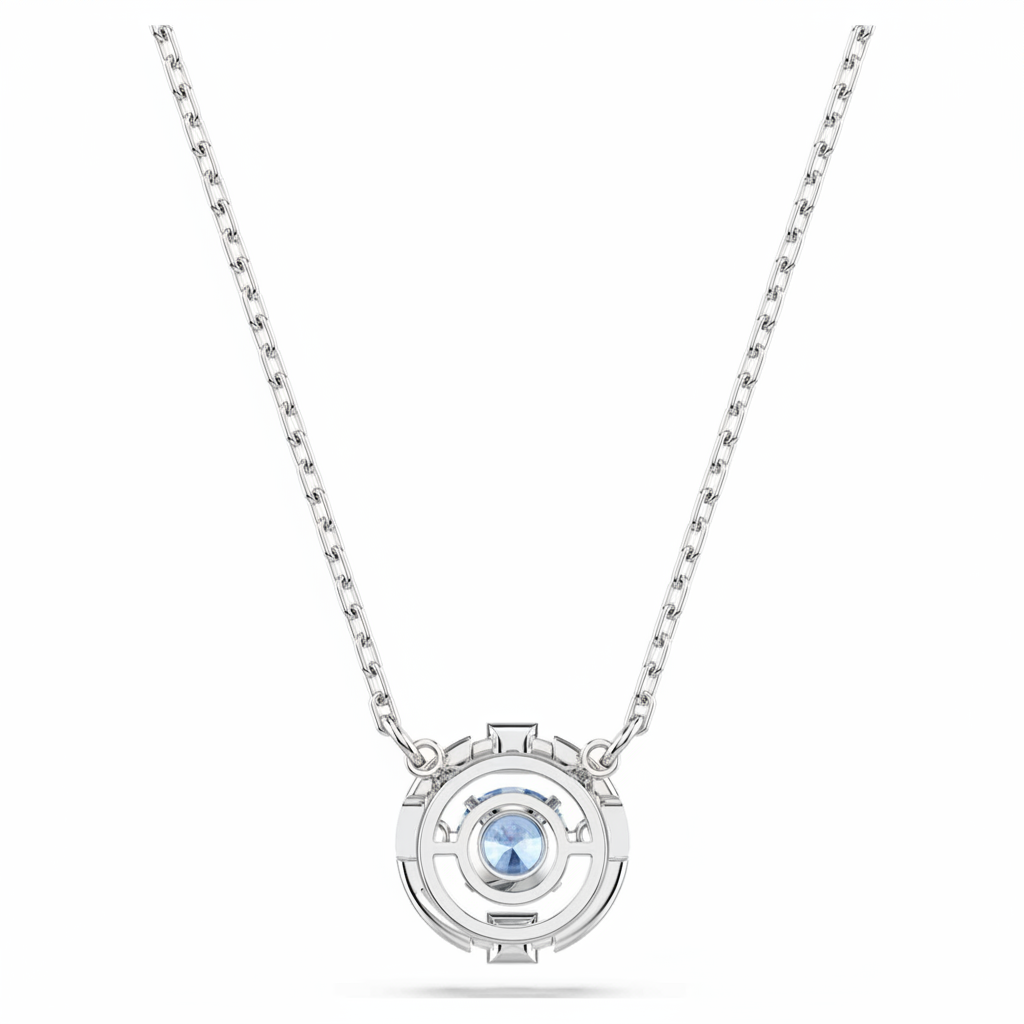 Swarovski Una necklace with round-cut blue crystal pendant, rhodium-plated chain, elegant jewelry accessory.
