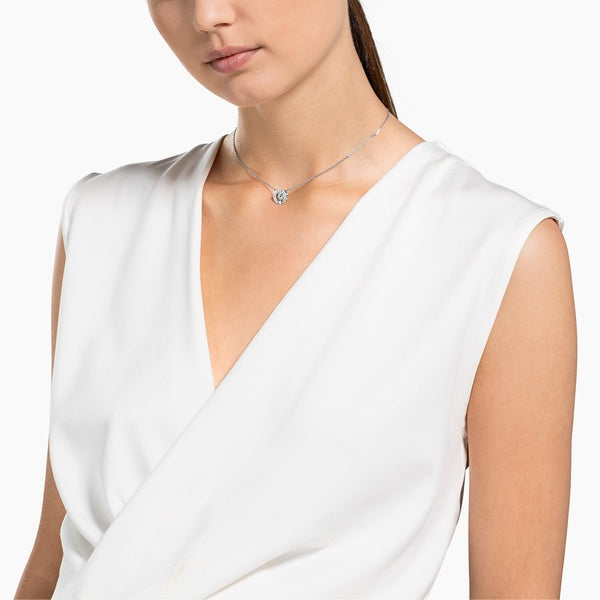 Swarovski Una necklace with round-cut white crystal and rhodium-plated chain, elegant jewelry accessory.