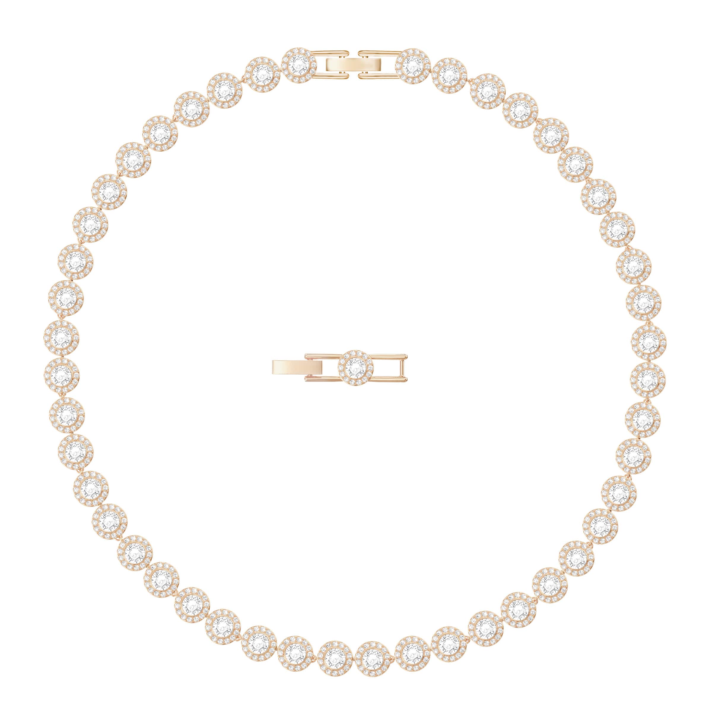 Swarovski Una Angelic necklace with round cut white crystal, medium size, rose gold-tone plated, featuring delicate chain and elegant design.
