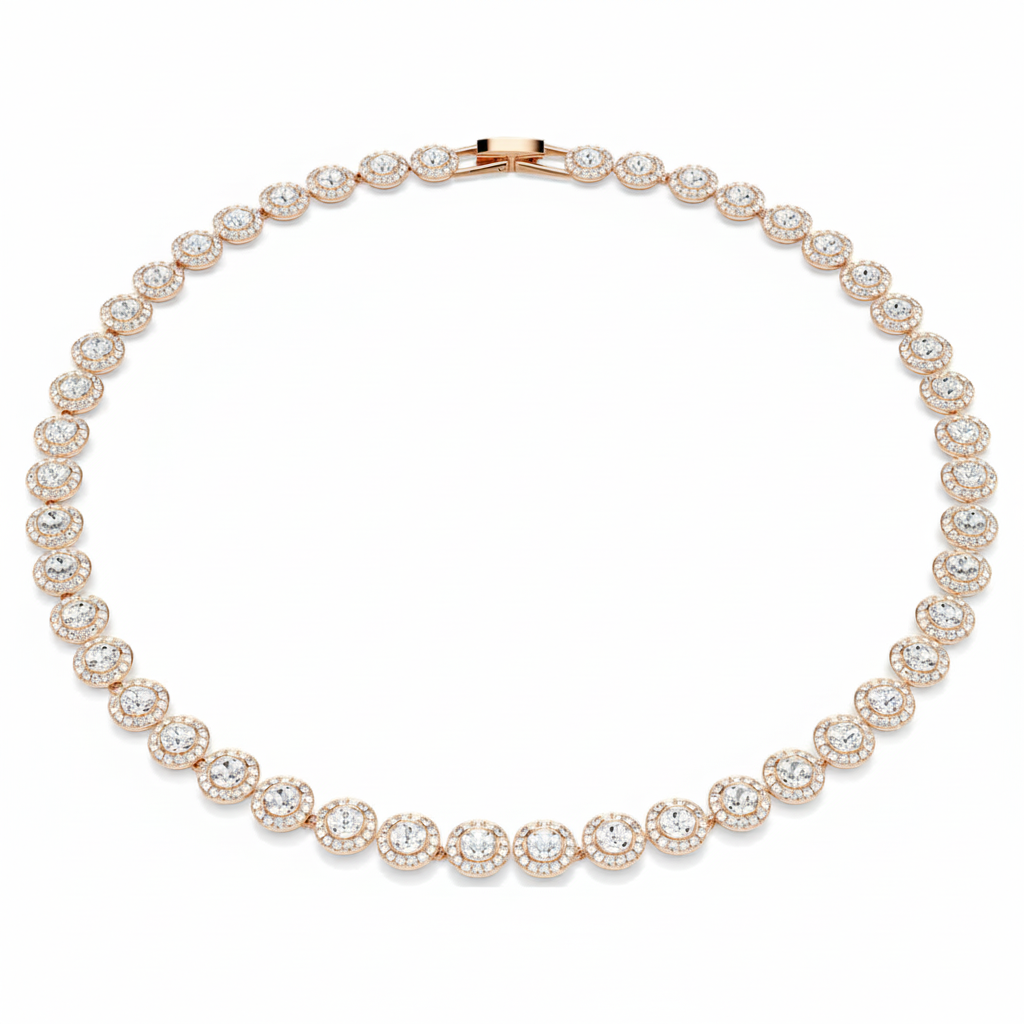 Swarovski Una Angelic necklace with round cut white crystal, medium size, rose gold-tone plated, featuring elegant jewelry design.