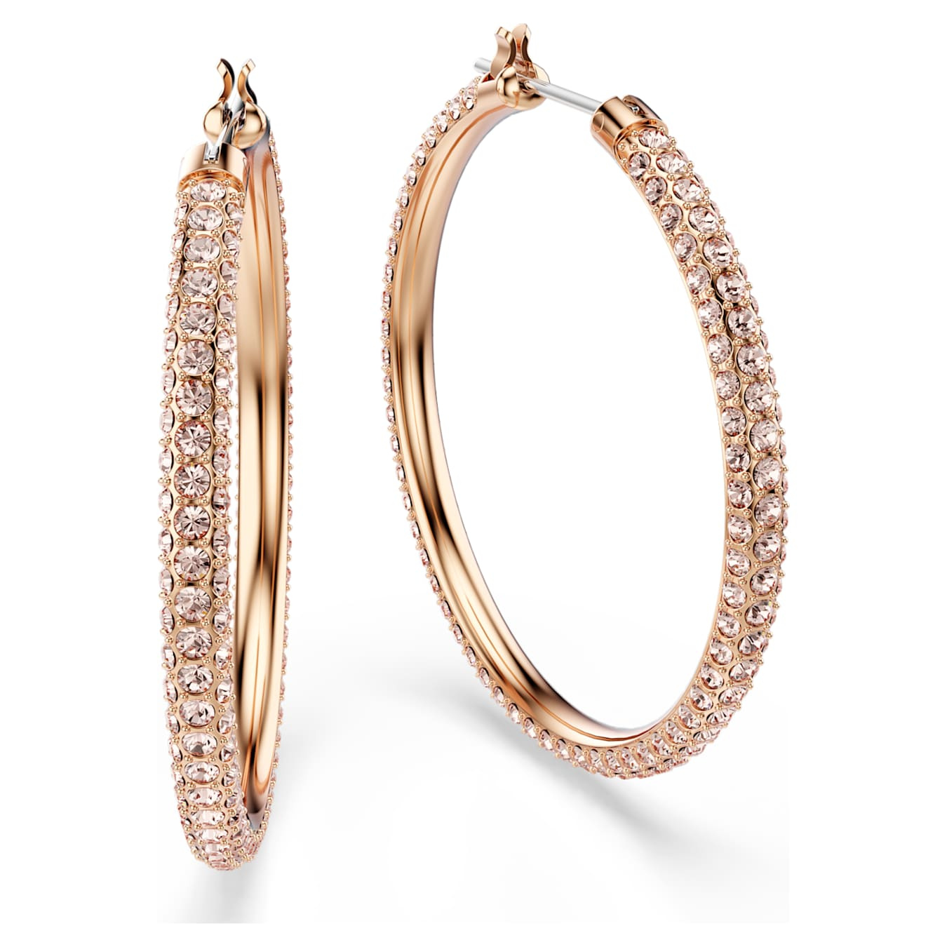 Large Swarovski Dextera hoop earrings with pavé white stones in rose gold-tone plating, stylish and elegant jewelry accessory.