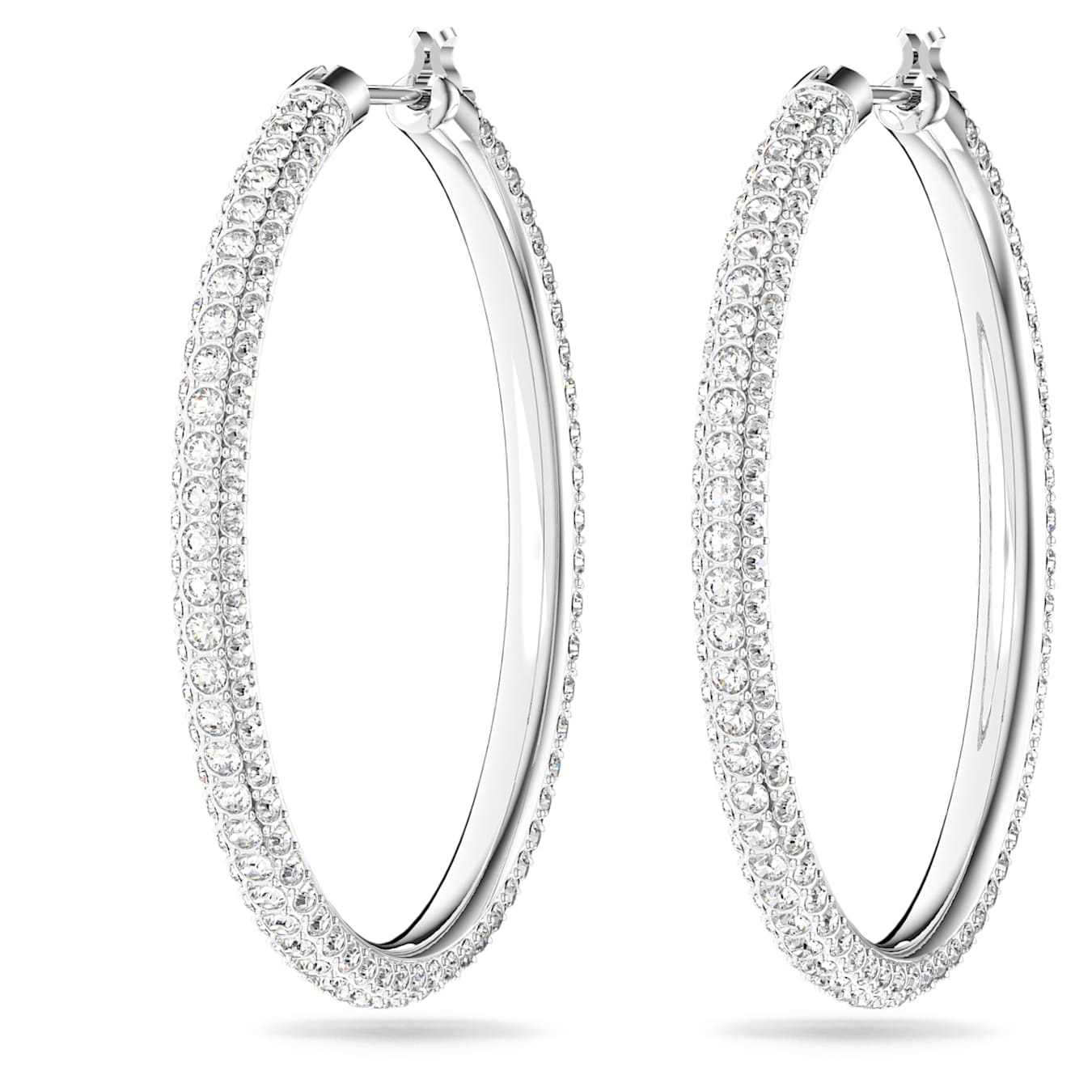 Large Swarovski Dextera hoop earrings with pavé white crystals and rhodium plating, showcasing elegant jewelry design.