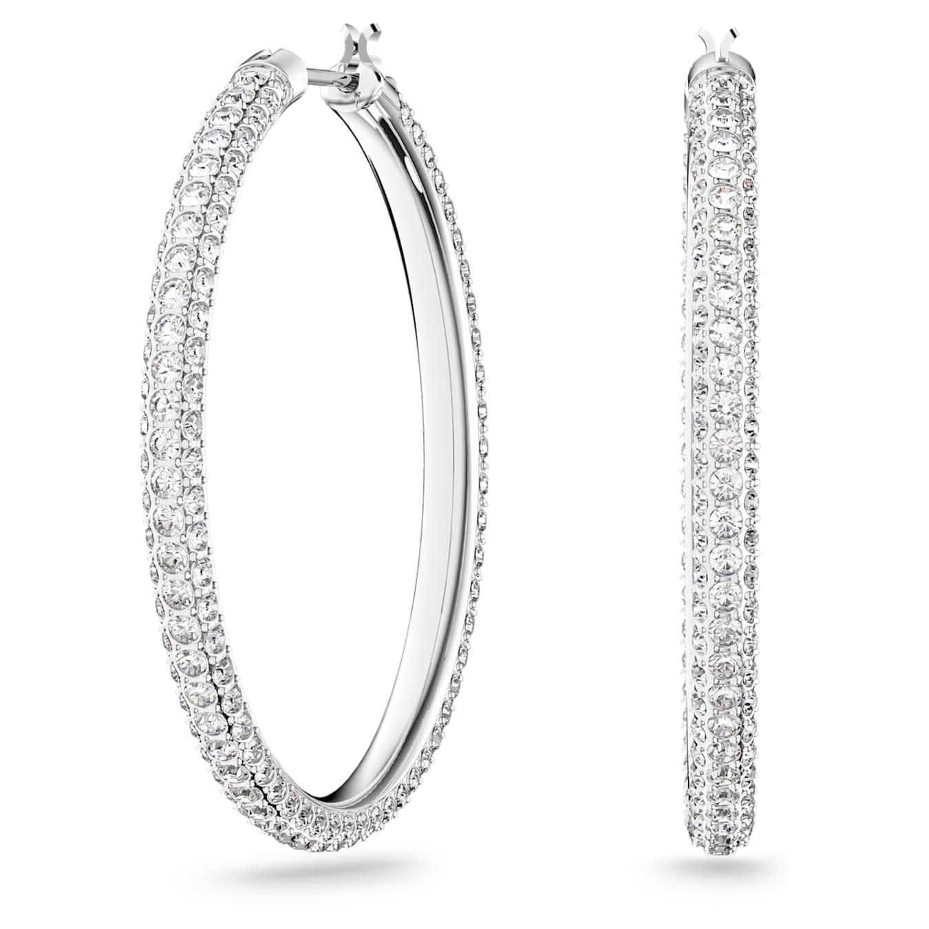 Swarovski Dextera large hoop earrings with pavé white crystals, rhodium plated, showcasing intricate design and sparkling detail.
