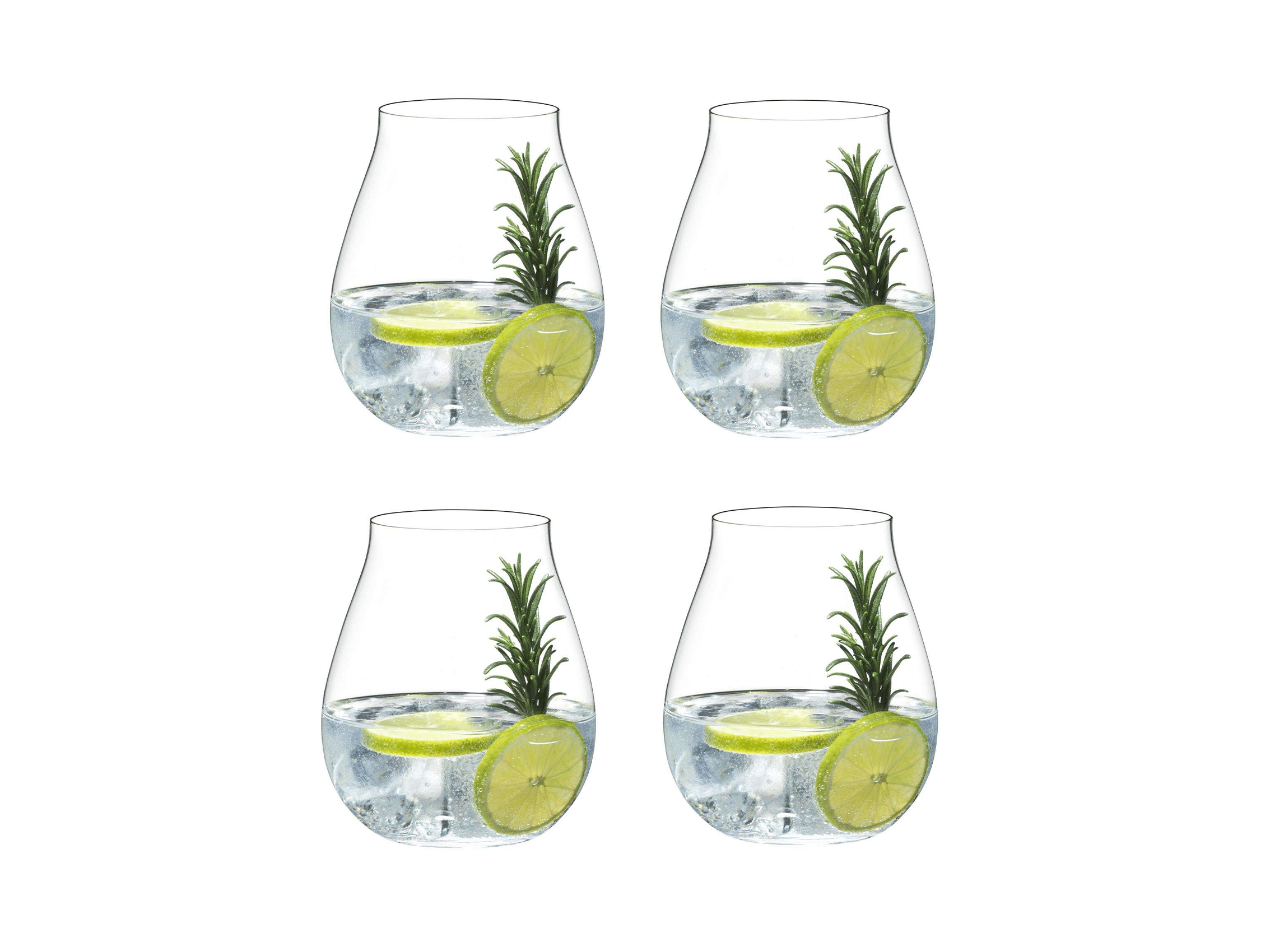 Set of four Riedel Gin Tumbler O stemless glasses with clear, rounded bowls for enjoying gin and spirits.