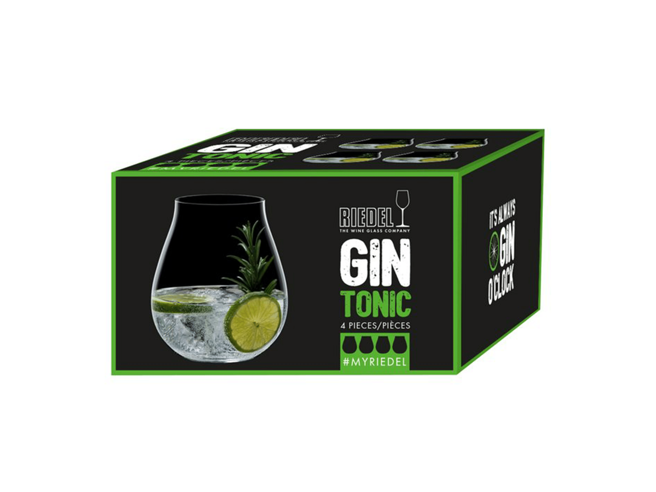 Set of four Riedel Gin Tumbler O Stemless glasses with clear glass and smooth, rounded design.