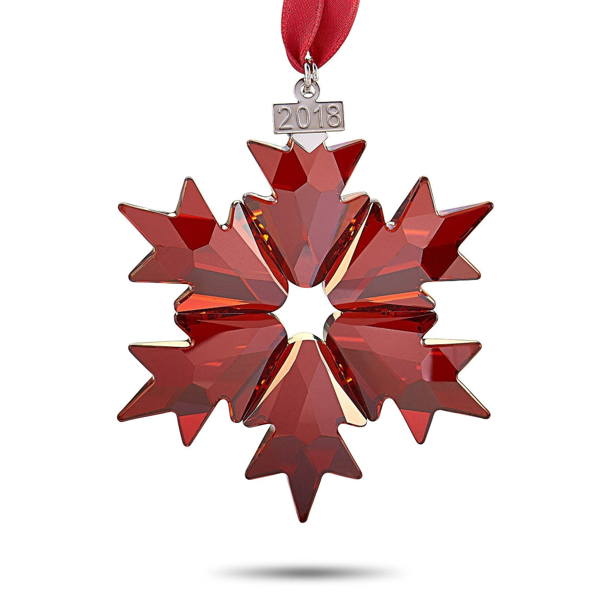 Swarovski Holiday Ornament Annual Edition 2018 sparkling crystal ornament with intricate design, hanging from a silver string.