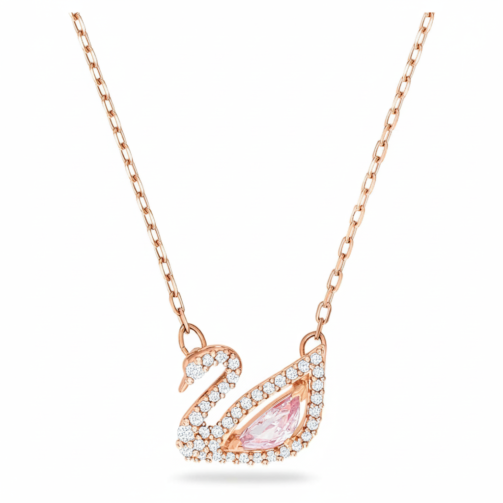 Swarovski pink rose gold-tone plated Swan necklace with crystal embellishments and delicate chain.