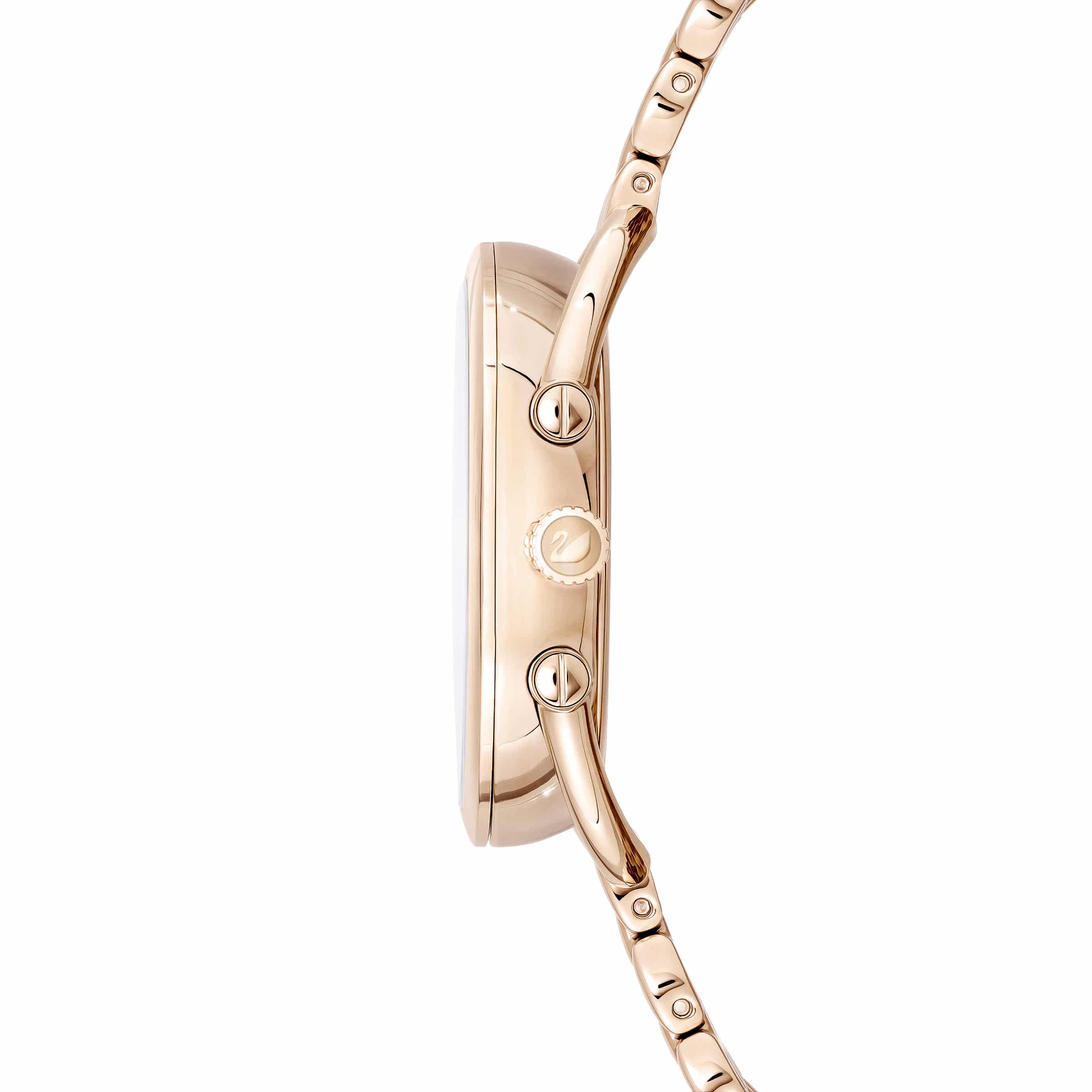 Swarovski Crystalline Glam watch with blue dial, rose-gold tone PVD metal bracelet, elegant and sparkling jewelry timepiece.