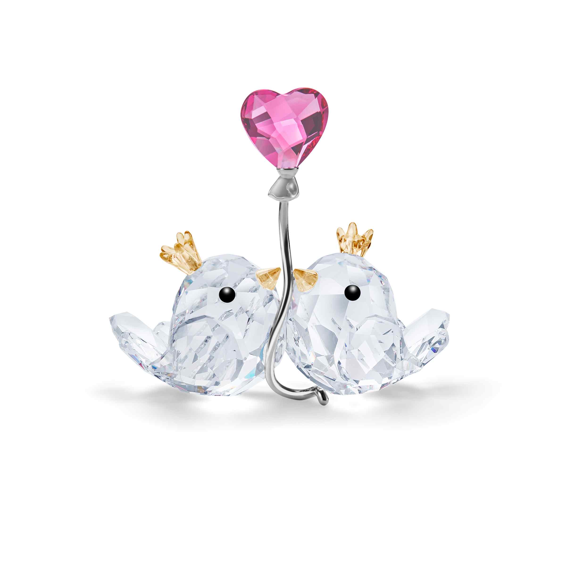 Swarovski Love Birds figurine with pink heart, sparkling crystal details, and intricate craftsmanship.