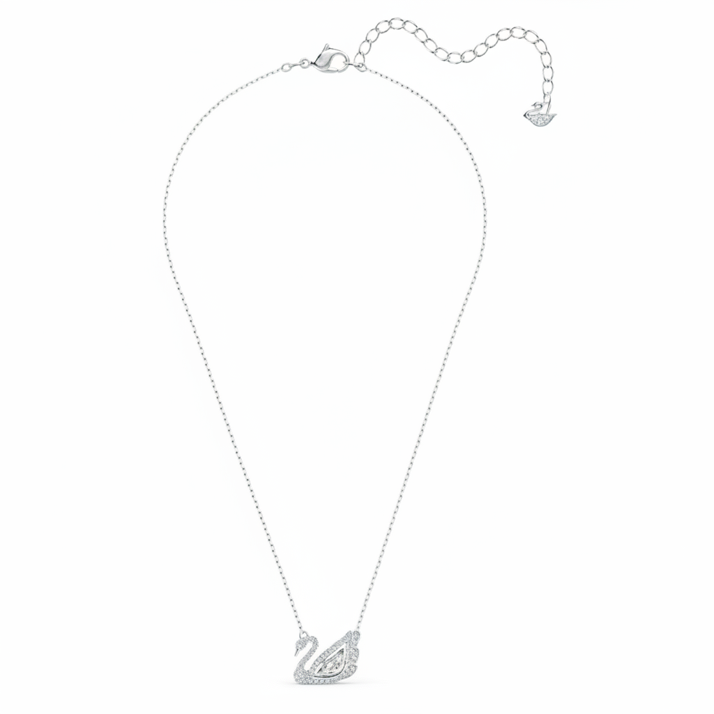 Swarovski Swan necklace featuring a white dancing swan pendant with rhodium plating, elegant jewelry accessory.