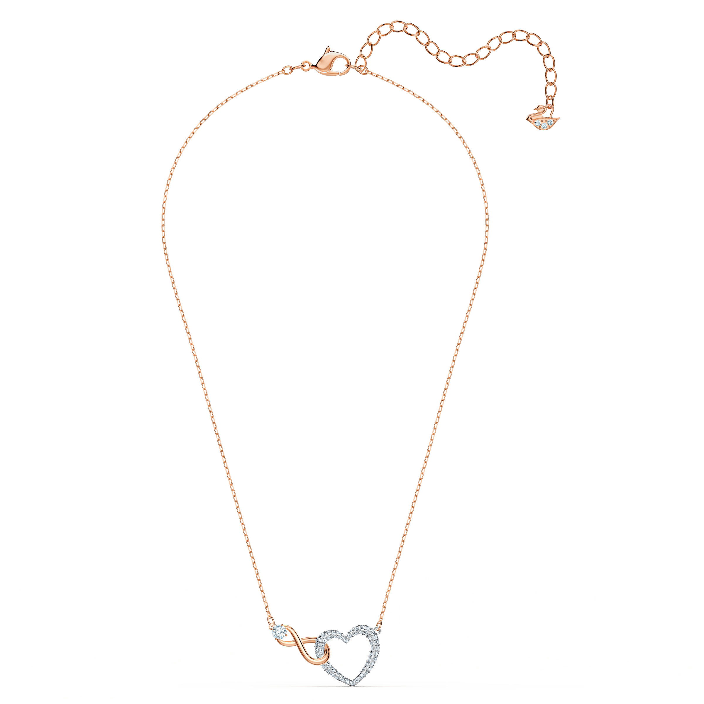 Swarovski Hyperbola necklace with infinity and heart pendants in white and mixed metal finish, elegant jewelry accessory.