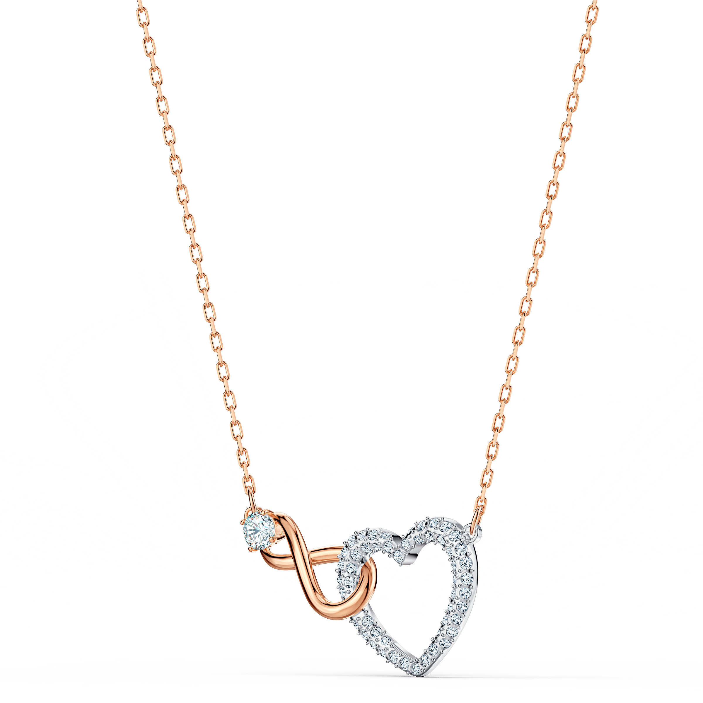 Swarovski Hyperbola necklace with infinity and heart charms in white and mixed metal finish, featuring elegant jewelry design.