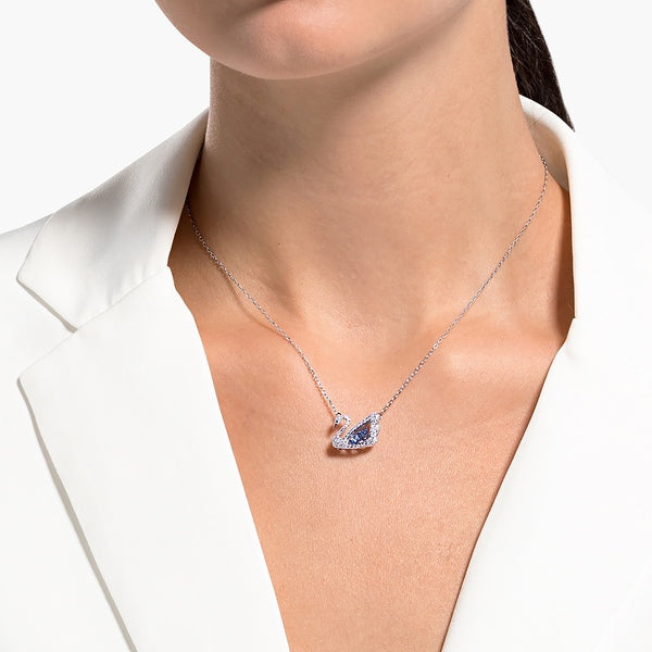 Swarovski Swan necklace featuring a blue dancing swan pendant with rhodium plating, elegant jewelry for women.