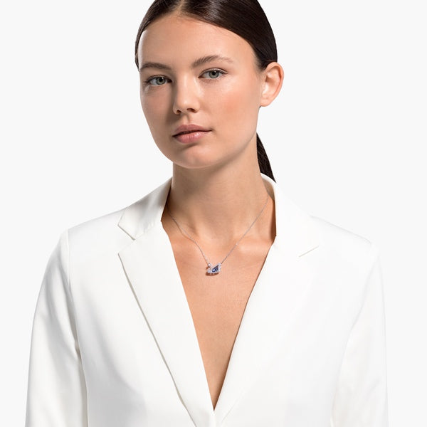 Swarovski Dancing Swan necklace in blue with rhodium plating, featuring a detailed swan pendant on a delicate chain.